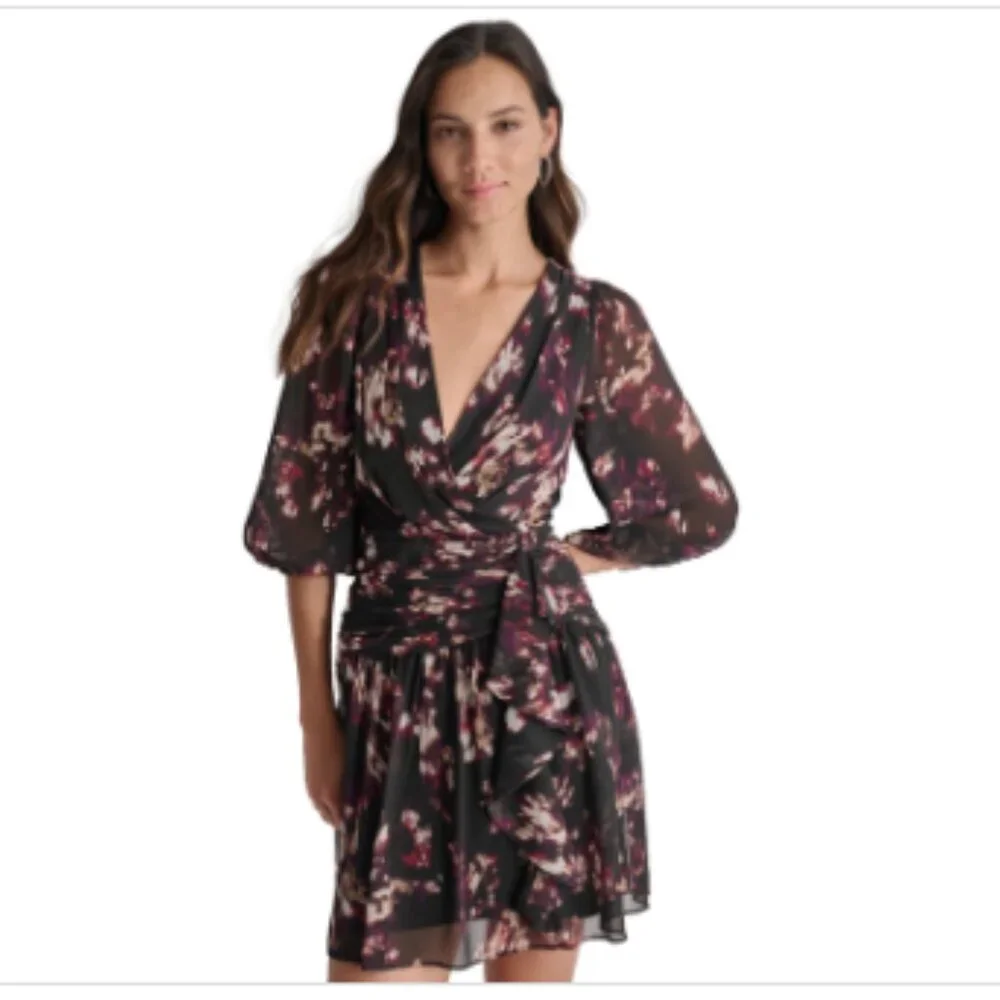 Dkny Women's Crinkle-Chiffon Faux-Wrap Mini Dress - Black/Raisin - Picture 3 of 4